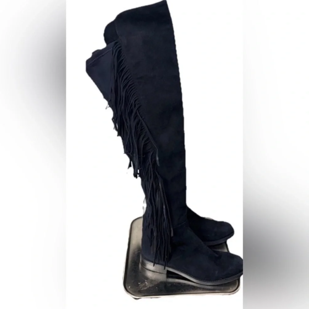 Lavorazione Artigiana Made in Italy Black Suede Over the Knee Fringe Boots 8